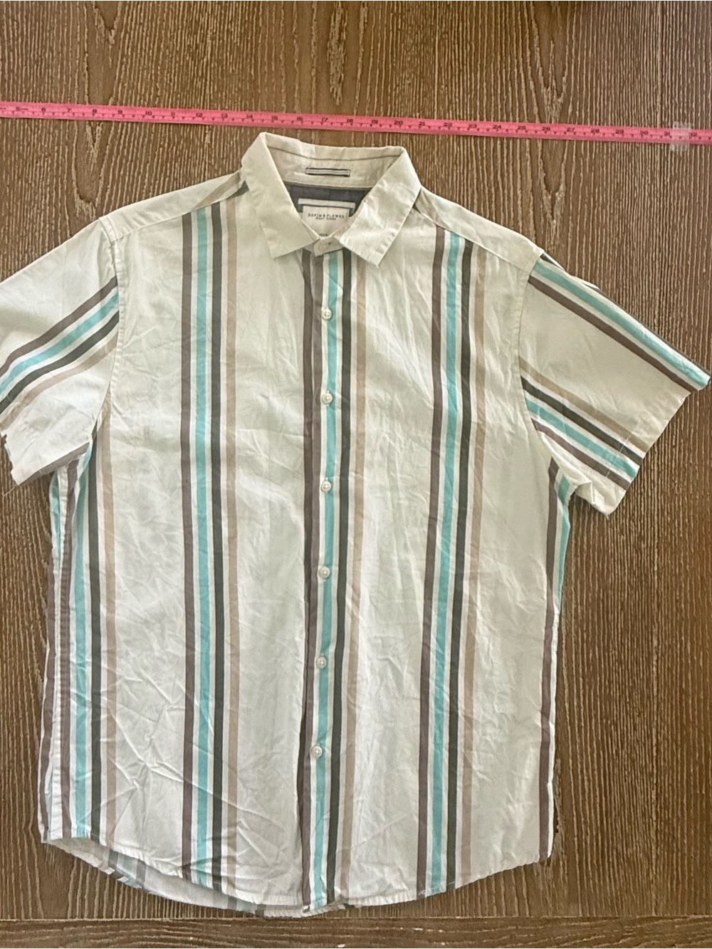 Denim & Flower White Short-Sleeve Button-Down with Teal & Brown Stripes